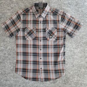 Harley Davidson Shirt Mens Medium Black Gray Orange Plaid Short Sleeve Button Up